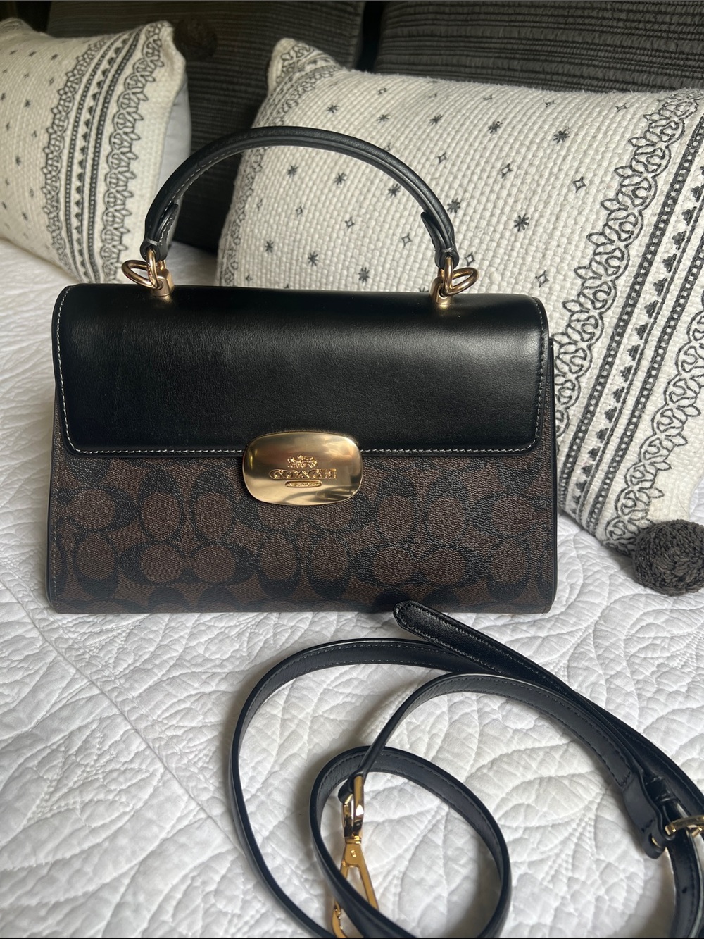 Coach Brown Signature Canvas Top-Handle Satchel with Black Leather Flap